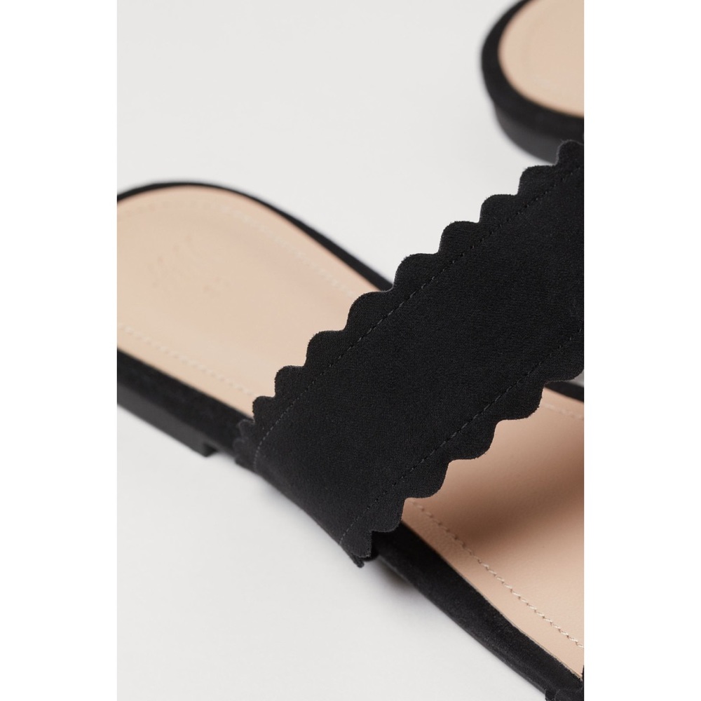 Faux Suede Scallop Flat Black Sandals - Picture 3 of 11